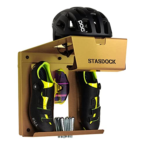 Stasdock Fahrrad-Wandhalterung – horizontale Fahrradaufbewahrung für Garage oder Zuhause mit Schuh- und Brillenhalterung – strapazierfähiges Stahlmaterial – dunkelgold
