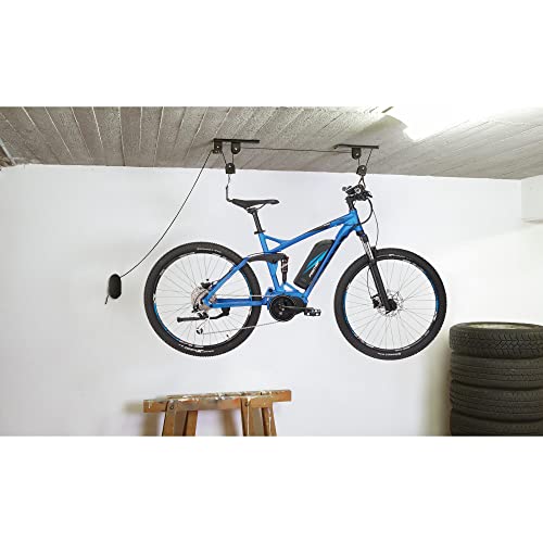 FISCHER Fahrradlift Plus | Tragkraft bis 30 kg | Fahrradhalterung | Deckenhalterung für Fahrräder und E-Bikes | Bis zu 4 m Deckenhöhe | mechanisch | Deckenlift, Aluminium, Schwarz