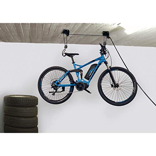 FISCHER Fahrradlift Profi Plus | Tragkraft bis 57 kg | Fahrradhalterung | Deckenhalterung für Fahrräder und E-Bikes | Bis zu 4 m Deckenhöhe | mechanisch | Deckenlift, Schwarz
