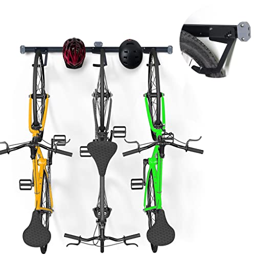 DITKOK Fahrrad Wandhalterung für 3 Fahrräder & 2 Helm - Verstellbare Fahrradhalterung - Vertikale Wand Fahrradaufhängung - Sichere Haken & Wandmontage - für Rennräder, Mountainbikes, MTB, E-Bikes