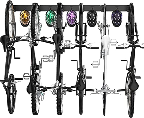Wandhalterung für Fahrräder, Fahrradaufhängung Wand für 6 Fahrräder und 5 Helme, Verstellbare Fahrrad Aufhänger Wand Garage, Schwarz