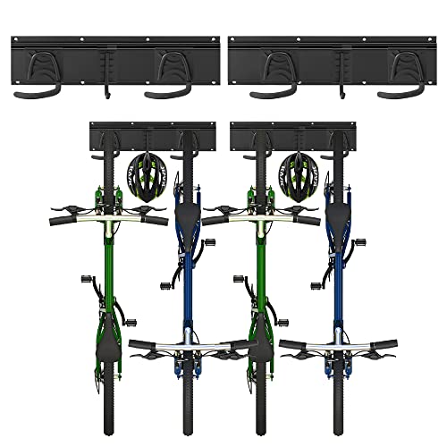 Sinoer Fahrradwandträger,Wandhalterung für 4 Fahrräder + 2 Helme, Werkzeugaufbewahrungshaken einstellbar für Garage oder Zuhause, vertikaler Fahrradhänger(Innenbreite: 90 mm) - 2 Schienen