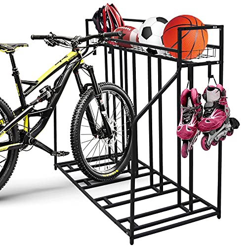 Sanheshun Fahrradständer, 4 Fahrradständer, Mit Ablagekorb und 4 Haken, für Garagenlagerung, für Berg, Hybrid, Kinderfahrräder, Indoor-Outdoor-Räder und Sportlager